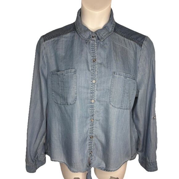 Chico's 3‎ Women's US Size XL Blue Denim Long Sleeve Two-Toned Button Top Blouse - Picture 1 of 16